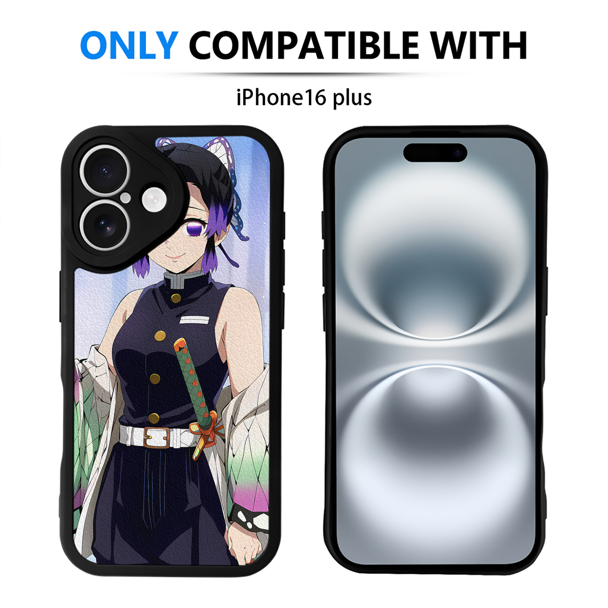 （画像用） 鬼滅の刃（きめつのやいば）蟲柱-胡蝶 しのぶ／こちょう しのぶ Kochou Shinobu 【iPhone 16シリーズ対応】シリコンスマホケース（レザー調） 材質：シリコン